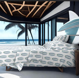 Slate Blue and Sage Green Classic Surfboards Sheet Set from Surfer Bedding™️ Medium Scale - Extremely Stoked