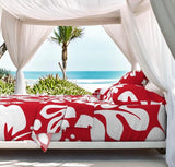 White Hawaiian Flowers on Surfer Red Sheet Set from Surfer Bedding™️ Large Scale - Extremely Stoked