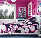 Navy Blue, Surfer Girl Pink and White Hawaiian Flowers Sheet Set from Surfer Bedding™️ Large Scale - Extremely Stoked