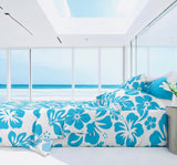 Aqua Ocean Blue Hawaiian Flowers on White Sheet Set from Surfer Bedding™️ Medium Scale - Extremely Stoked