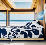 Navy Blue Hawaiian Flowers on White Sheet Set from Surfer Bedding™️ Large Scale - Extremely Stoked