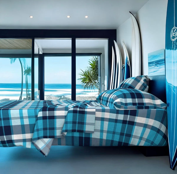 Aqua and Navy Blue Preppy Surfer Plaid Sheet Set - Extremely Stoked® Eco Luxe Beach Bedding