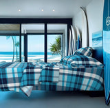 Aqua and Navy Blue Preppy Surfer Plaid Sheet Set - Extremely Stoked® Eco Luxe Beach Bedding