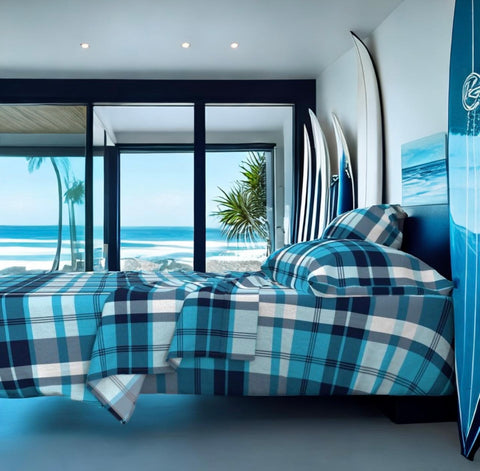 Aqua and Navy Blue Preppy Surfer Plaid Sheet Set - Extremely Stoked® Eco Luxe Beach Bedding