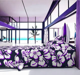 Navy Blue, White and Purple Hawaiian Flowers Sheet Set from Surfer Bedding™️ Medium Scale - Extremely Stoked