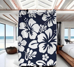 Navy Blue and White Hawaiian Flowers Minky Throw Blanket
