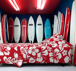 White Hawaiian Flowers on Surfer Red Sheet Set from Surfer Bedding™️ Medium Scale - Extremely Stoked