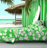 White Hawaiian Flowers on Bright Lime Green Sheet Set from Surfer Bedding™️ Medium Scale - Extremely Stoked