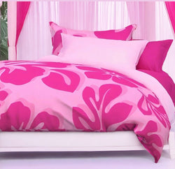 Soft Pink with Surfer Girl Hot Pink Hibiscus and Hawaiian Flowers Duvet Cover -Large Scale - Extremely Stoked