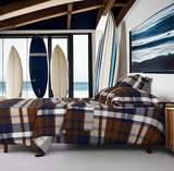 Navy Blue and Brown Preppy Surfer Plaid Sheet Set - Extremely Stoked® Eco Luxe Beach Bedding