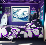 Navy Blue, White and Purple Hawaiian Flowers Sheet Set from Surfer Bedding™️ Large Scale - Extremely Stoked