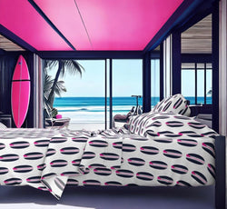 Navy Blue, White and Surfer Girl Pink Classic Surfboards Sheet Set from Surfer Bedding™️ Medium Scale - Extremely Stoked