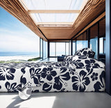 Navy Blue Hawaiian Flowers on White Sheet Set from Surfer Bedding™️ Medium Scale - Extremely Stoked