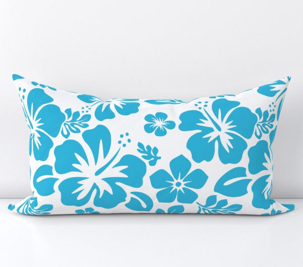 Aqua Blue Hawaiian Flowers on White Lumbar Throw Pillow - Extremely StokedĀ® Eco Luxe Beach Bedding