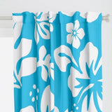 White Hawaiian Flowers on Aqua Ocean Blue Window Curtains - Extremely Stoked