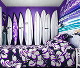 Navy Blue, White and Purple Hawaiian Flowers Sheet Set from Surfer Bedding™️ Medium Scale - Extremely Stoked