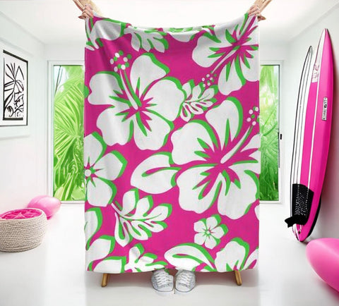 Hot Pink, Lime Green and White Hawaiian Flowers Minky Throw Blanket - Extremely Stoked