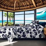 Navy Blue Hawaiian Flowers on White Sheet Set from Surfer Bedding™️ Medium Scale - Extremely Stoked