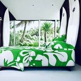 White Hawaiian Flowers on Fresh Green Sheet Set from Surfer Bedding™️ Large Scale - Extremely Stoked