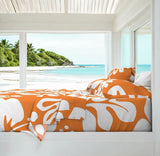 White Hawaiian Flowers on Juicy Orange Sheet Set from Surfer Bedding™️ Large Scale - Extremely Stoked
