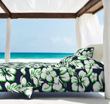 Navy Blue, Lime Green and White Hawaiian Flowers Sheet Set from Surfer Bedding™️ Medium Scale - Extremely Stoked
