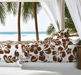 Chocolate Brown Hawaiian Flowers on White Sheet Set from Surfer Bedding™️ Medium Scale - Extremely Stoked