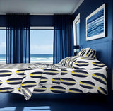 Navy Blue, White and Yellow Classic Surfboards Sheet Set from Surfer Bedding™️ Large Scale - Extremely Stoked