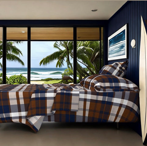 Navy Blue and Brown Preppy Surfer Plaid Sheet Set - Extremely Stoked® Eco Luxe Beach Bedding