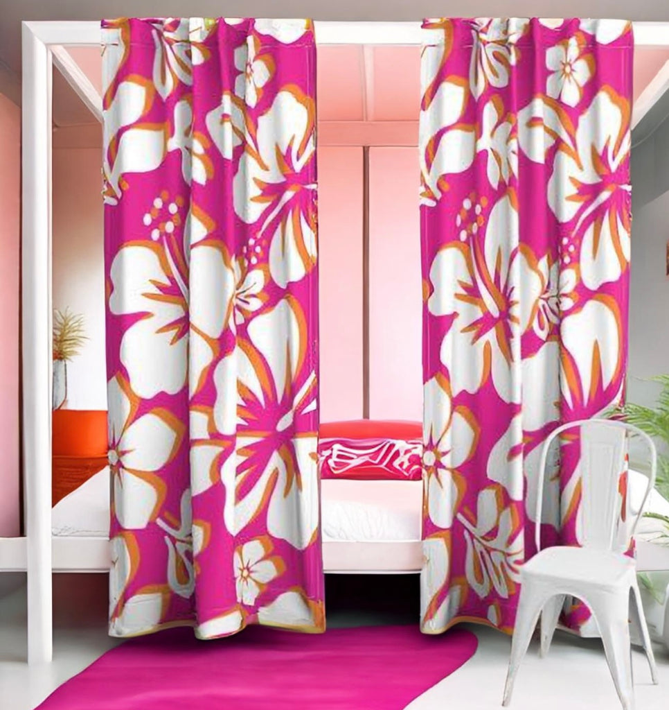 ハワイアンカーテン　カエナピンク Hot Pink, Orange and White Hawaiian Flowers Window Curtains