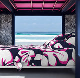 Navy Blue, Surfer Girl Pink and White Hawaiian Flowers Sheet Set from Surfer Bedding™️ Large Scale - Extremely Stoked