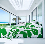 Fresh Green Hawaiian Flowers on White Sheet Set from Surfer Bedding™️ Large Scale - Extremely Stoked