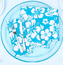 Aqua Ocean Blue and White Hawaiian Flowers Dinner Napkins - Extremely Stoked