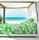 White Hawaiian Flowers on Bright Lime Green Sheet Set from Surfer Bedding™️ Medium Scale - Extremely Stoked