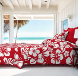 White Hawaiian Flowers on Surfer Red Sheet Set from Surfer Bedding™️ Medium Scale - Extremely Stoked