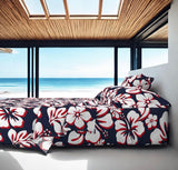Surfer Red, White and Navy Blue Hawaiian Flowers Sheet Set Surfer Bedding™️ Medium Scale - Extremely Stoked