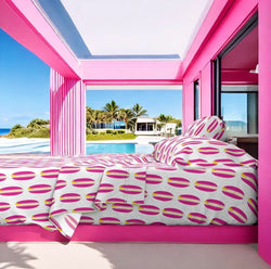 Surfer Girl Pink, White and Yellow Classic Surfboards Sheet Set from Surfer Bedding™️ Medium Scale - Extremely Stoked