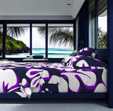 Navy Blue, White and Purple Hawaiian Flowers Sheet Set from Surfer Bedding™️ Large Scale - Extremely Stoked