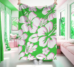 Lime Green and Pink Hawaiian Flowers Minky Throw Blanket