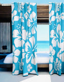 White Hawaiian Flowers on Aqua Ocean Blue Window Curtains - Extremely Stoked