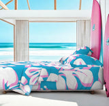 White and Soft Pink Hawaiian Flowers on Aqua Ocean Blue Sheet Set from Surfer Bedding™️ Large Scale - Extremely Stoked