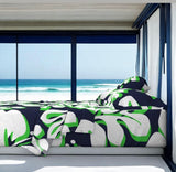 Navy Blue, Lime Green and White Hawaiian Flowers Sheet Set from Surfer Bedding™️ Large Scale - Extremely Stoked