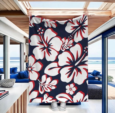 Red, White and Blue Hibiscus and Hawaiian Flowers Minky Throw Blanket - Extremely Stoked