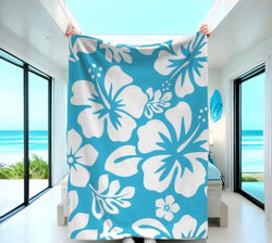 Aqua Blue and White Hawaiian Flowers Minky Throw Blanket