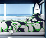 Navy Blue, Lime Green and White Hawaiian Flowers Sheet Set from Surfer Bedding™️ Large Scale - Extremely Stoked