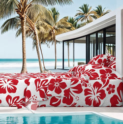 Surfer Red Hawaiian Flowers on White Sheet Set from Surfer Bedding™️ Medium Scale - Extremely Stoked