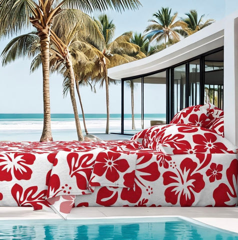 Surfer Red Hawaiian Flowers on White Sheet Set from Surfer Bedding™️ Medium Scale - Extremely Stoked