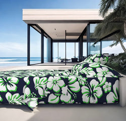 Navy Blue, Lime Green and White Hawaiian Flowers Sheet Set from Surfer Bedding™️ Medium Scale - Extremely Stoked