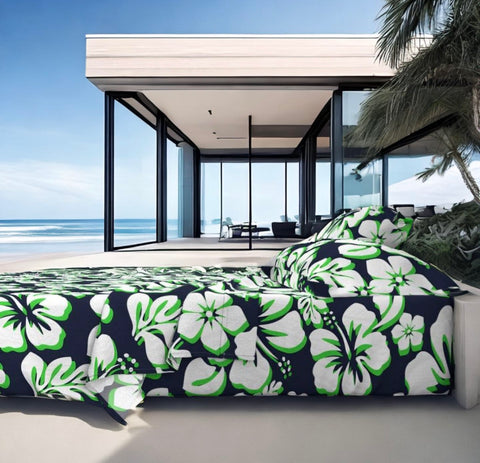Navy Blue, Lime Green and White Hawaiian Flowers Sheet Set from Surfer Bedding™️ Medium Scale - Extremely Stoked
