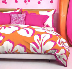 Juicy Orange, White and Surfer Girl Pink Hibiscus and Hawaiian Flowers Duvet Cover - Large Scale - Extremely Stoked