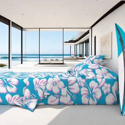 White and Soft Pink Hawaiian Flowers on Aqua Ocean Blue Sheet Set from Surfer Bedding™️ Medium Scale - Extremely Stoked